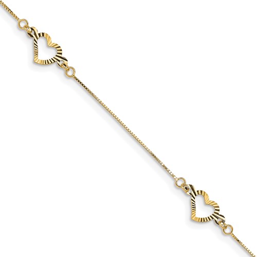 14K Yellow Gold Fancy Textured Open Heart 3-Station Bracelet, 7.25"