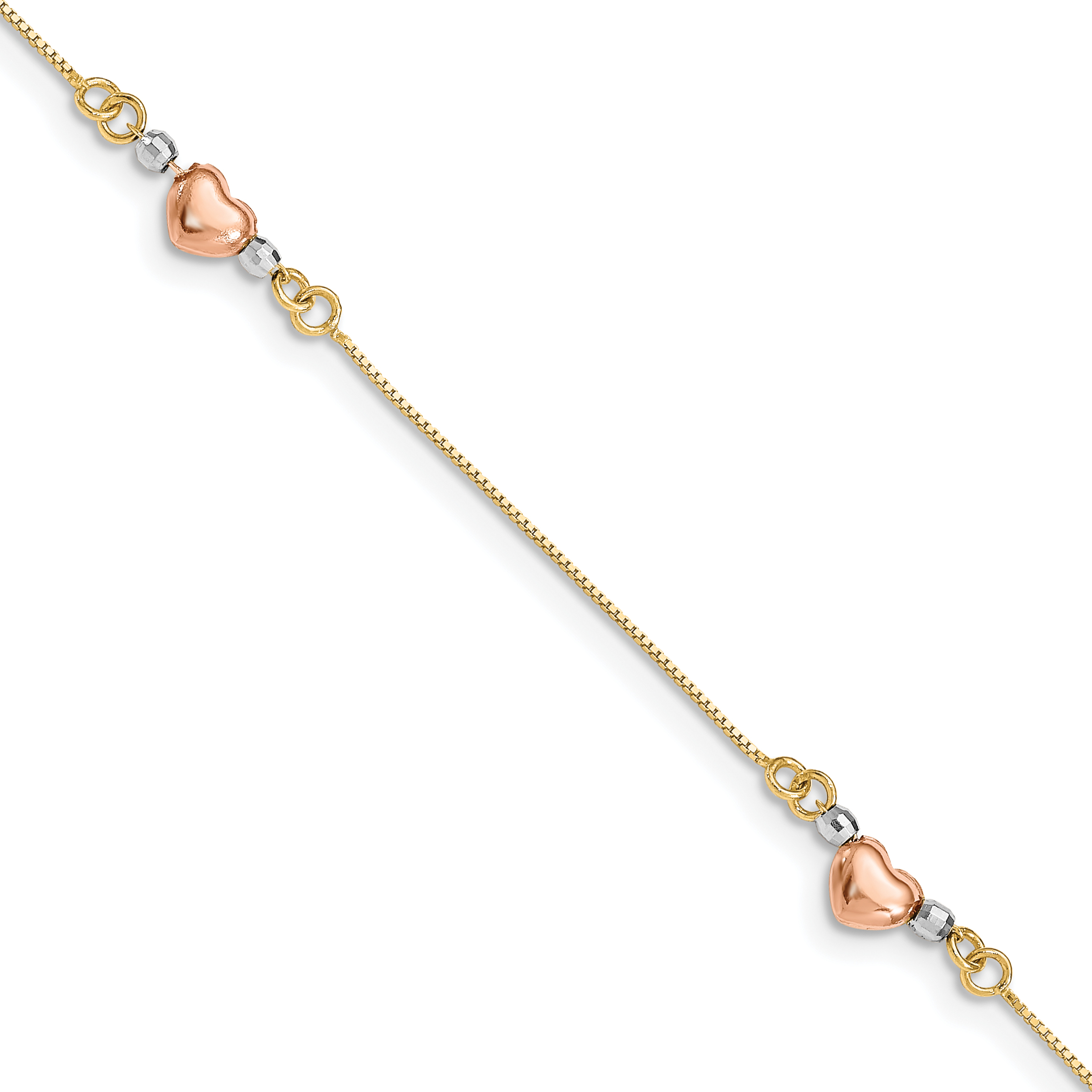 14K Tri-Color Puffed Heart 3-Station 7.25 inch Bracelet (SF1579-7.25)