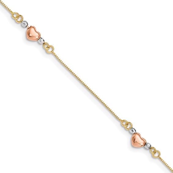 14K Tri-Color Puffed Heart 3-Station 7.25 inch Bracelet
