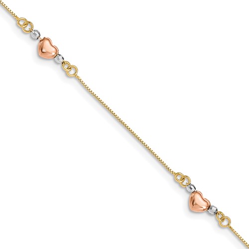14K Tri-Color Puffed Heart 3-Station Bracelet, 7.25"