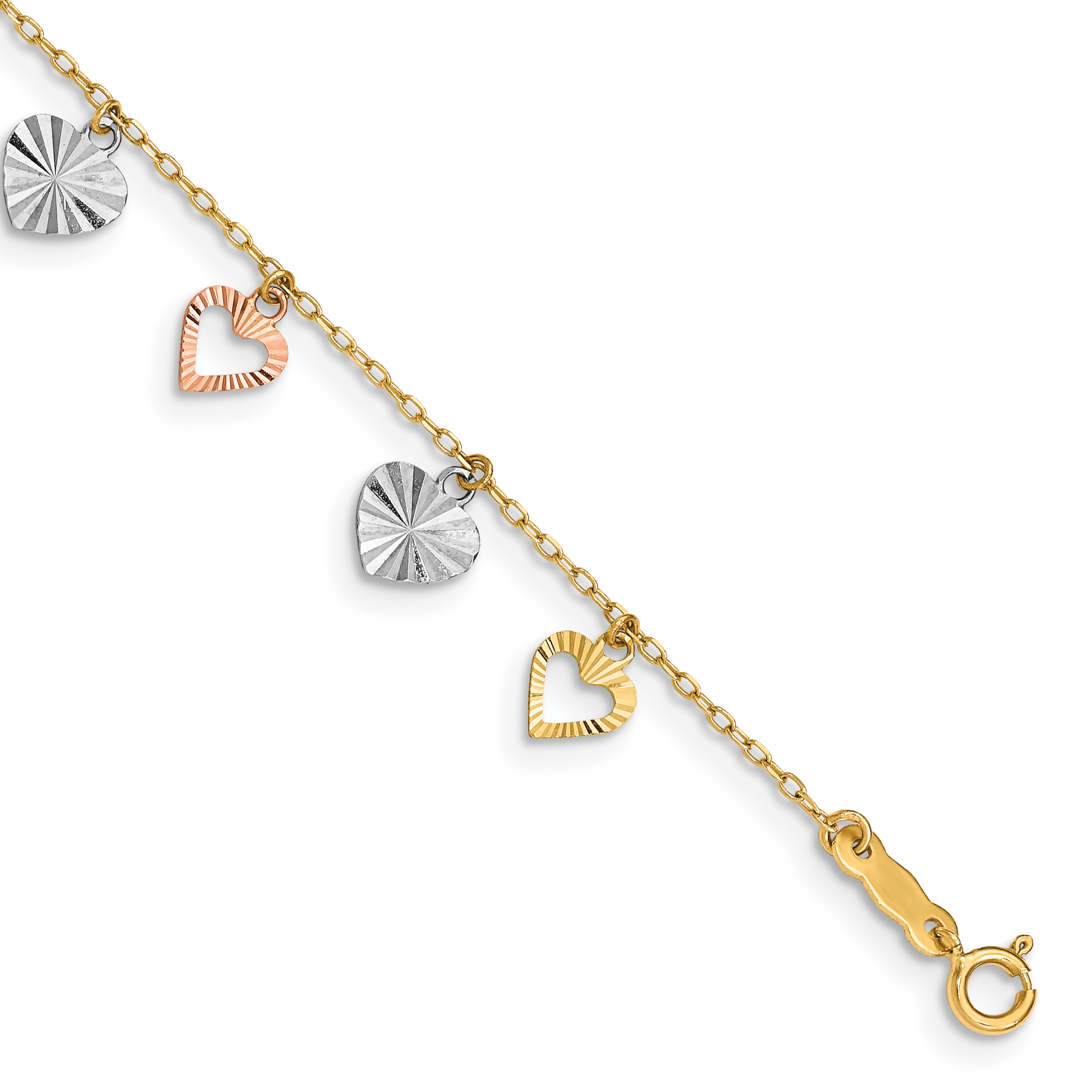 14K Tri-Color Textured Heart Dangle 7.25 inch Bracelet (SF1581-7.25)