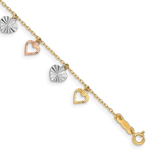 14K Tri-Color Textured Heart Dangle Bracelet, 7.25"