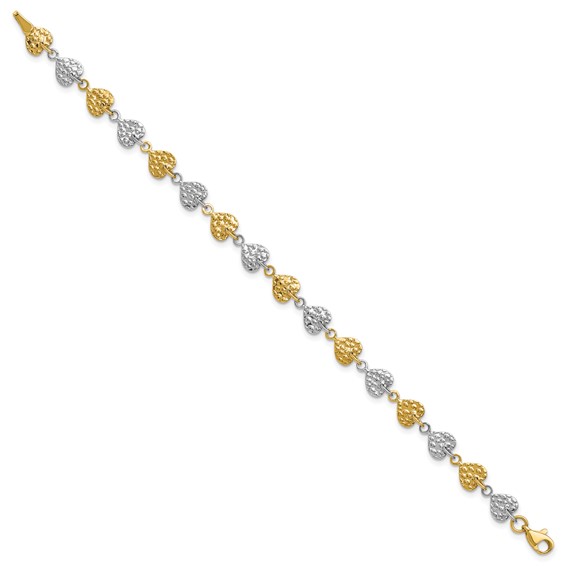 14K Two-tone Hammered Hearts 7 inch Bracelet