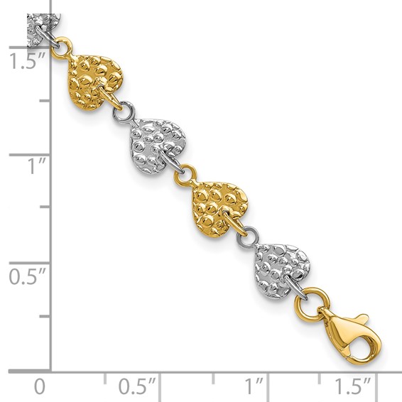 14K Two-tone Hammered Hearts 7 inch Bracelet