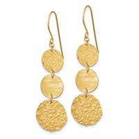 14K Yellow Gold Polished and Textured 3-Tier Circle Drop Shepherd Hook Dangle Earrings view 2
