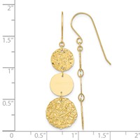 14K Yellow Gold Polished and Textured 3-Tier Circle Drop Shepherd Hook Dangle Earrings view 4