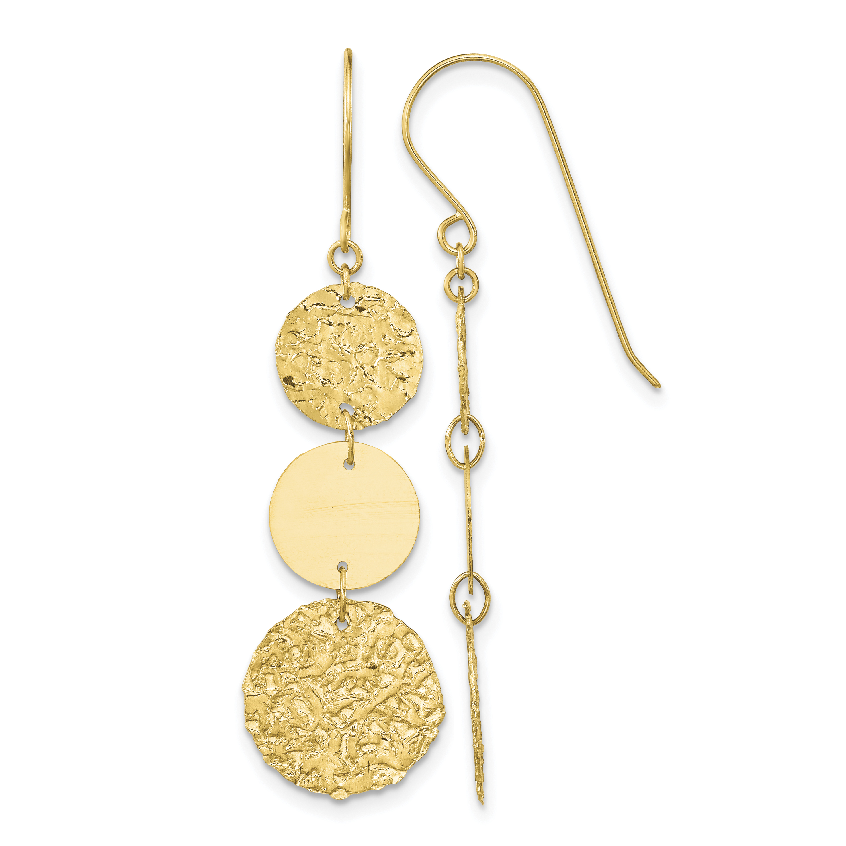 14K Polished and Textured 3-Tier Circle Drop Shepherd Hook Dangle Earrings (SF1690)