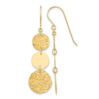 14K Yellow Gold Polished and Textured 3-Tier Circle Drop Shepherd Hook Dangle Earrings view 1