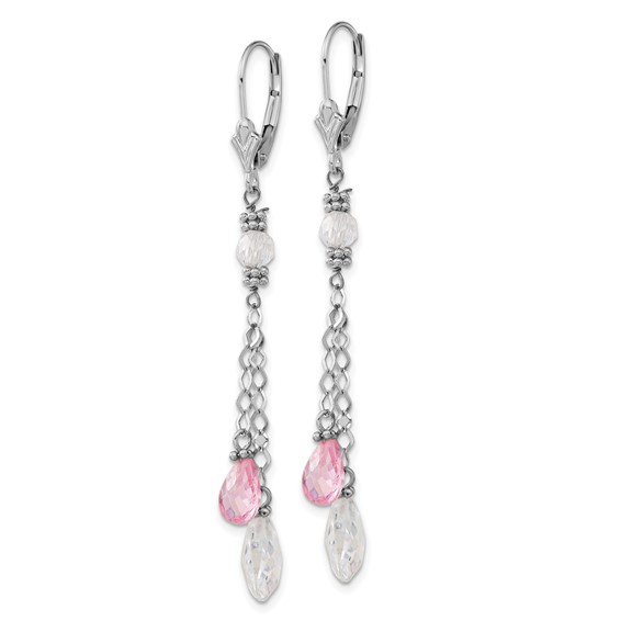 14k White Gold Polished Pink & Clear Teardrop Leverback Dangle Earrings