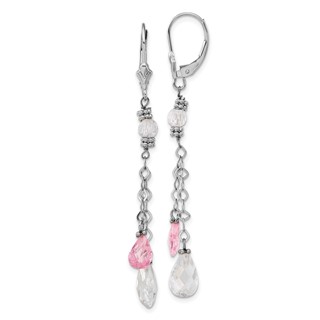 14k White Gold Polished Pink & Clear Teardrop Leverback Dangle Earrings