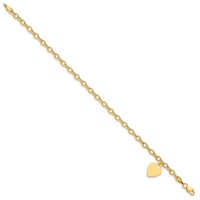 14K Yellow Gold Engravable 14x 10mm Solid Dangle Heart Charm and Hollow Chain Bracelet, 8.5" view 2