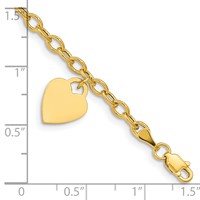 14K Yellow Gold Engravable 14x 10mm Solid Dangle Heart Charm and Hollow Chain Bracelet, 8.5" view 3