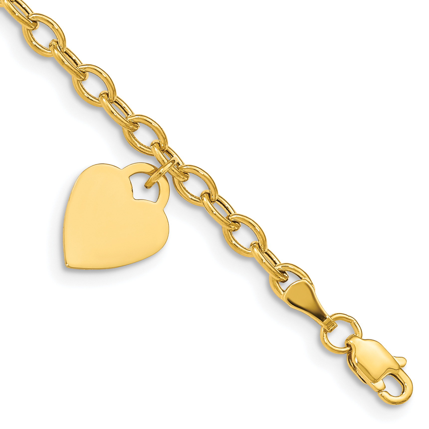 14K Engravable 14x10mm Solid Dangle Heart Charm and Hollow Chain 7.5 inch Bracelet (SF1822-7.5)