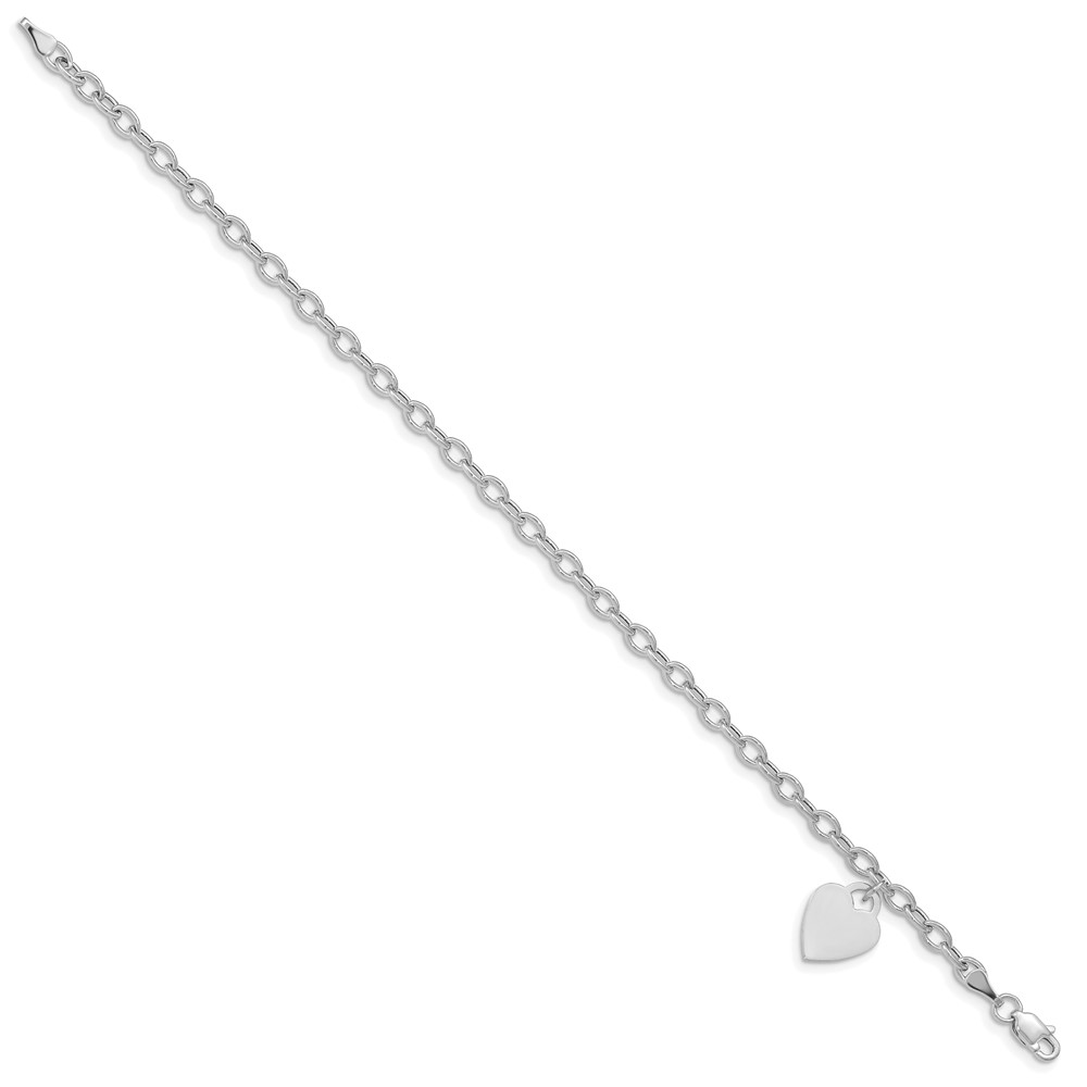 14k White Gold Engravable 14x10mm Solid Dangle Heart Charm and Hollow Chain 7.5 inch Bracelet (SF1823-7.5)