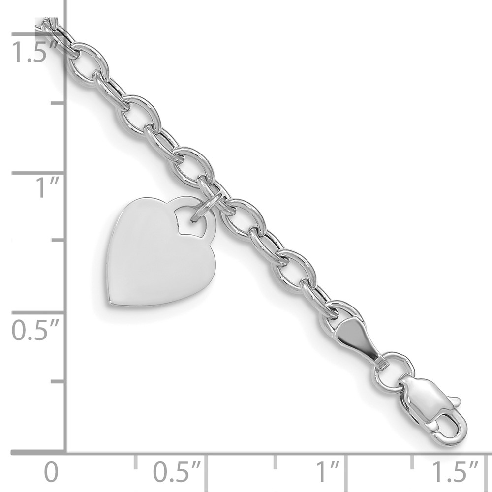 14k White Gold Engravable 14x10mm Solid Dangle Heart Charm and Hollow Chain 7.5 inch Bracelet (SF1823-7.5)