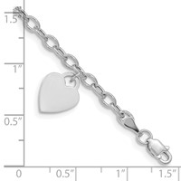 14K White Gold Engravable 14x 10mm Solid Dangle Heart Charm and Hollow Chain Bracelet, 7.5" view 3