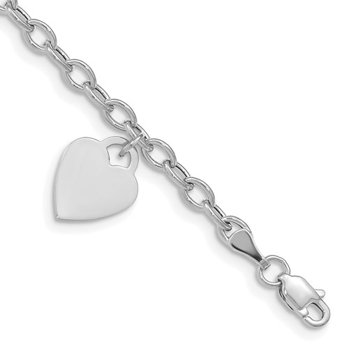 14K White Gold Engravable 14x10mm Solid Dangle Heart Charm and Hollow Chain 7.5 Inch Bracelet