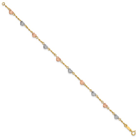 14k Tri-color Diamond-cut Puffed Heart 7 inch Bracelet