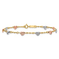 14K Tri-color Diamond-cut Puffed Heart Bracelet, 7" view 3