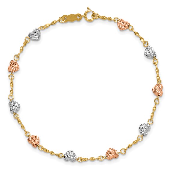 14k Tri-color Diamond-cut Puffed Heart 7 inch Bracelet
