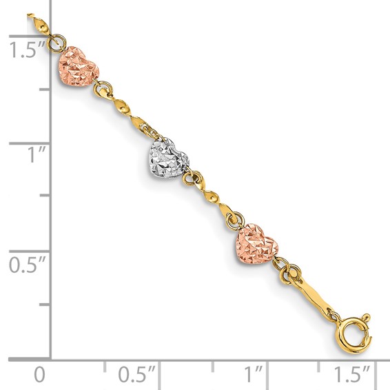 14k Tri-color Diamond-cut Puffed Heart 7 inch Bracelet