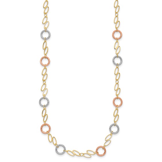 14k Tri-color Polished and Textured Round Circles and Ovals 18 inch Necklace