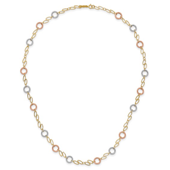 14k Tri-color Polished and Textured Round Circles and Ovals 18 inch Necklace