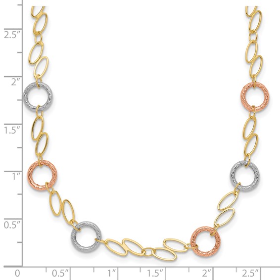 14k Tri-color Polished and Textured Round Circles and Ovals 18 inch Necklace
