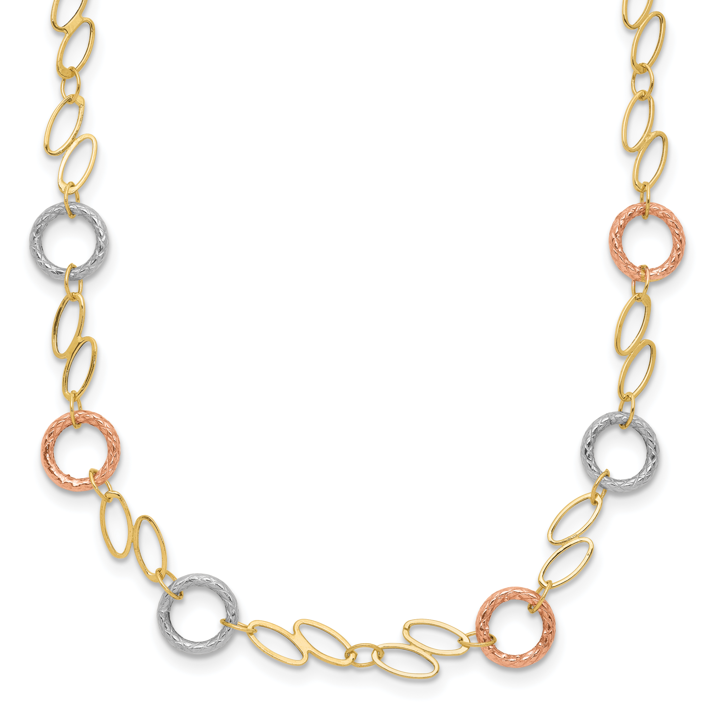 14k Tri-color Polished and Textured Round Circles and Ovals 18 inch Necklace (SF1840-18)