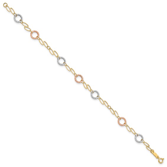 14k Tri-color Polished and Textured Round Circles and Ovals 7.25 inch Bracelet