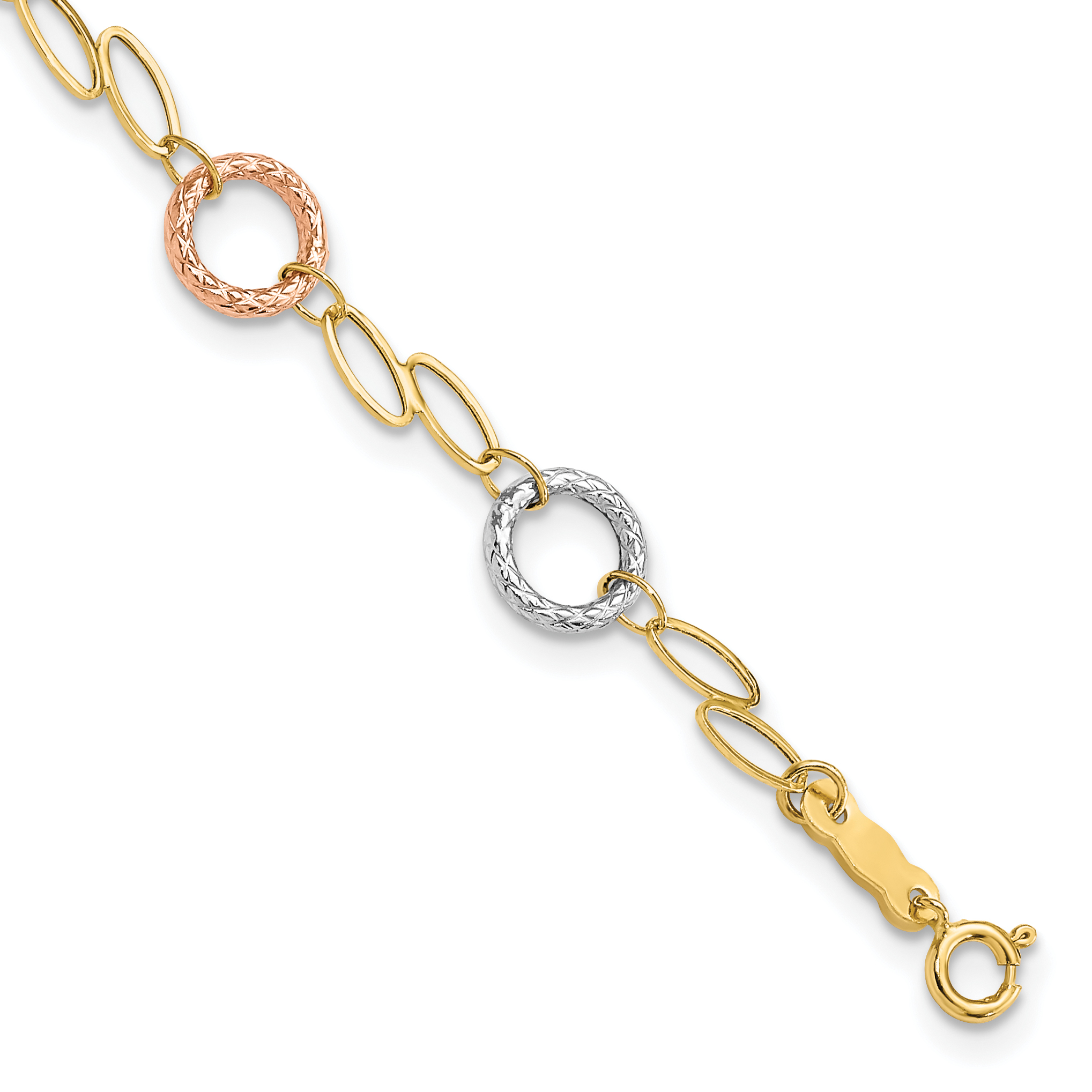 14k Tri-color Polished and Textured Round Circles and Ovals 7.25 inch Bracelet (SF1840-7.25)