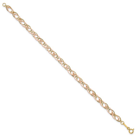 14k Two-tone Polished and Textured Oval Link 7.25 inch Bracelet