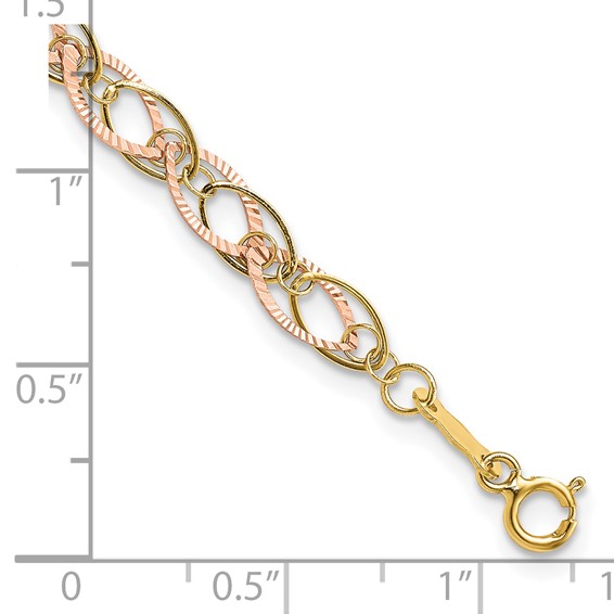 14k Two-tone Polished and Textured Oval Link 7.25 inch Bracelet
