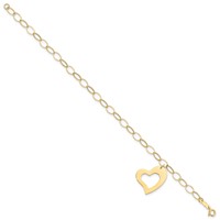 14K Yellow Gold Polished Cut-out Dangle Heart Bracelet, 7.25" view 2
