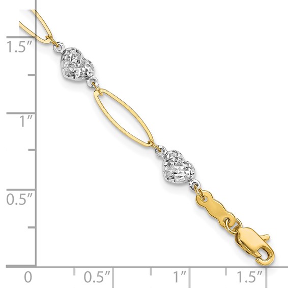 14k Two-tone Diamond-cut Puffed Heart and Flat Oval Link 7.25 inch Bracelet