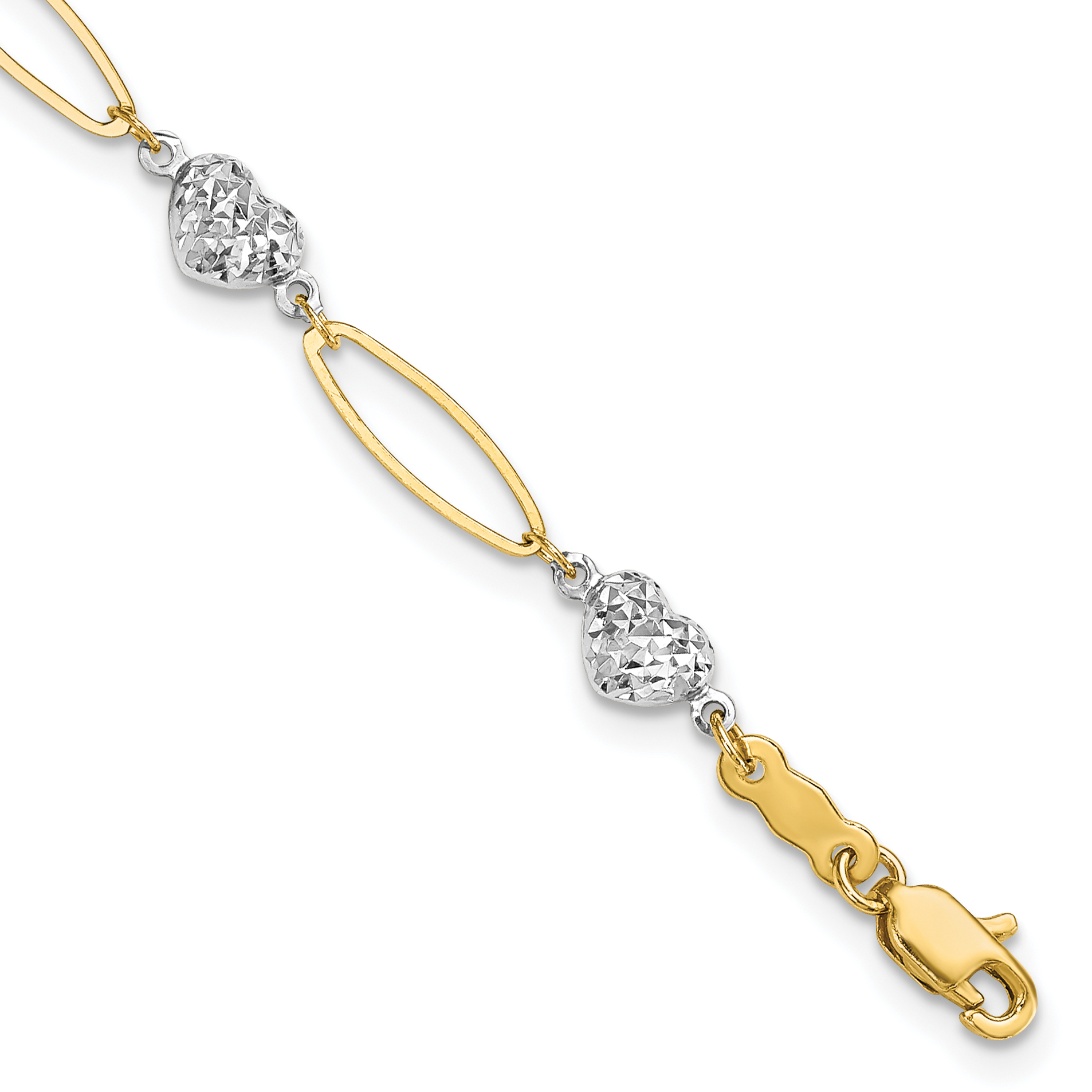 14k Two-tone Diamond-cut Puffed Heart and Flat Oval Link 7.25 inch Bracelet (SF1859-7.25)