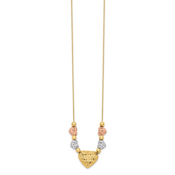 14k Tri-color Textured Puffed and Flat Hearts and Beads 18 inch Necklace