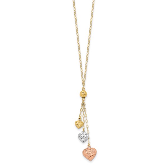 14k Tri-color Three Puffed Hearts 16 inch Lariat Necklace Plus 2 inch Extender