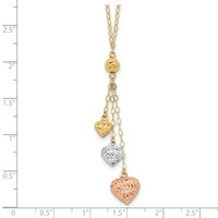 14K Tri-color Three Puffed Hearts Lariat Necklace Plus 2 Inch Extender, 16" view 3