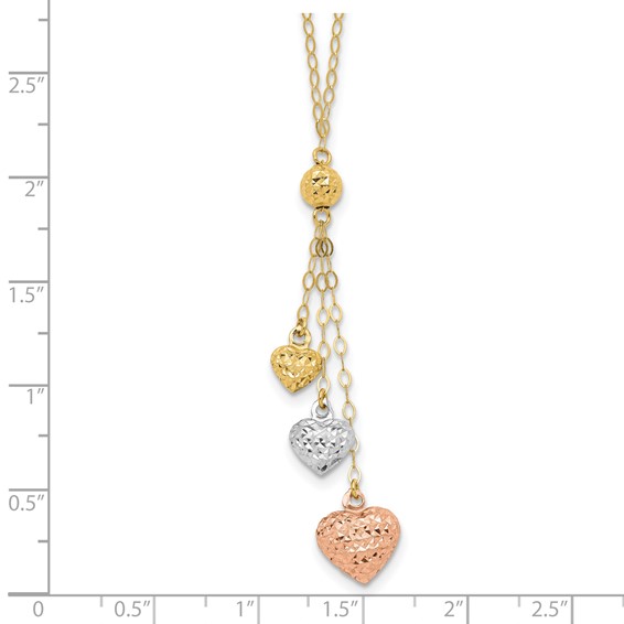 14k Tri-color Three Puffed Hearts 16 inch Lariat Necklace Plus 2 inch Extender