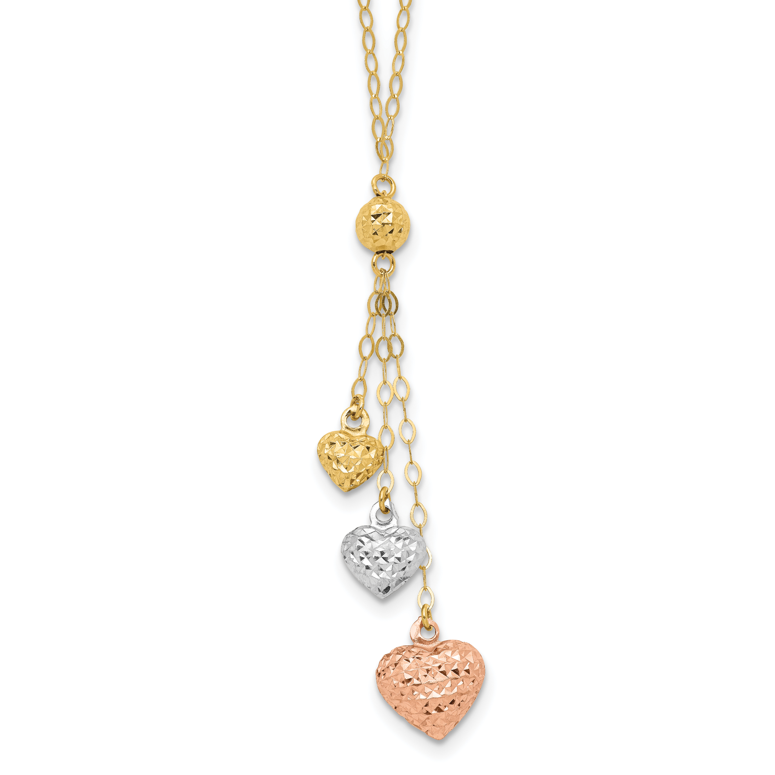 14k Tri-color Three Puffed Hearts 16 inch Lariat Necklace Plus 2 inch Extender (SF1879-16)