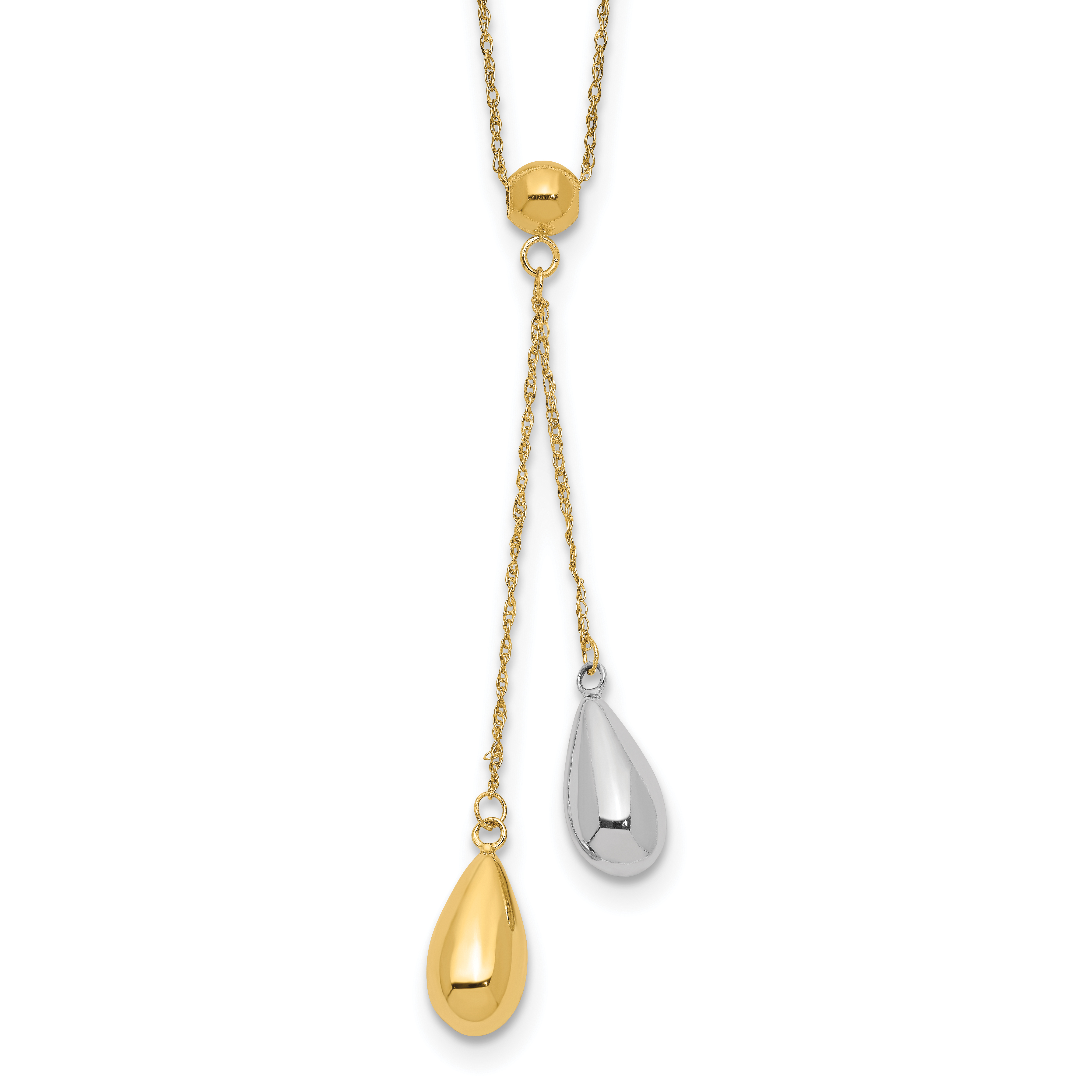 14k Two-tone Two Puffed Teardrop Beads 18 inch Lariat Necklace (SF1892-18)