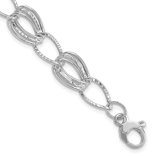 14K White Gold Polished and Textured 11mm Hollow Bracelet Plus 1 Inch Extender, 7.5"