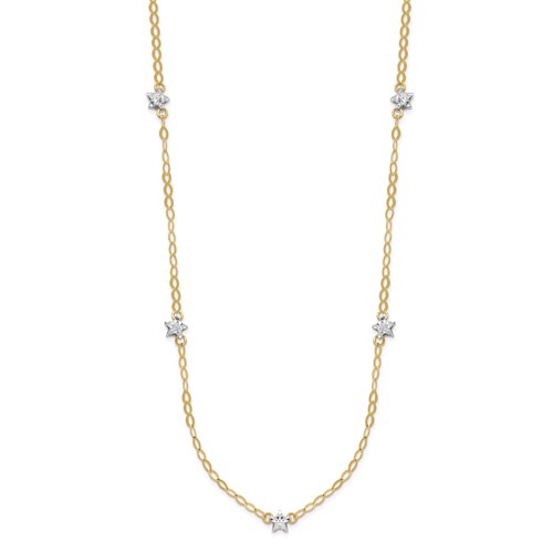 14K Two-tone Diamond-cut Stars with Oval Chain Station Necklace Plus 2 Inch Extender, 16"