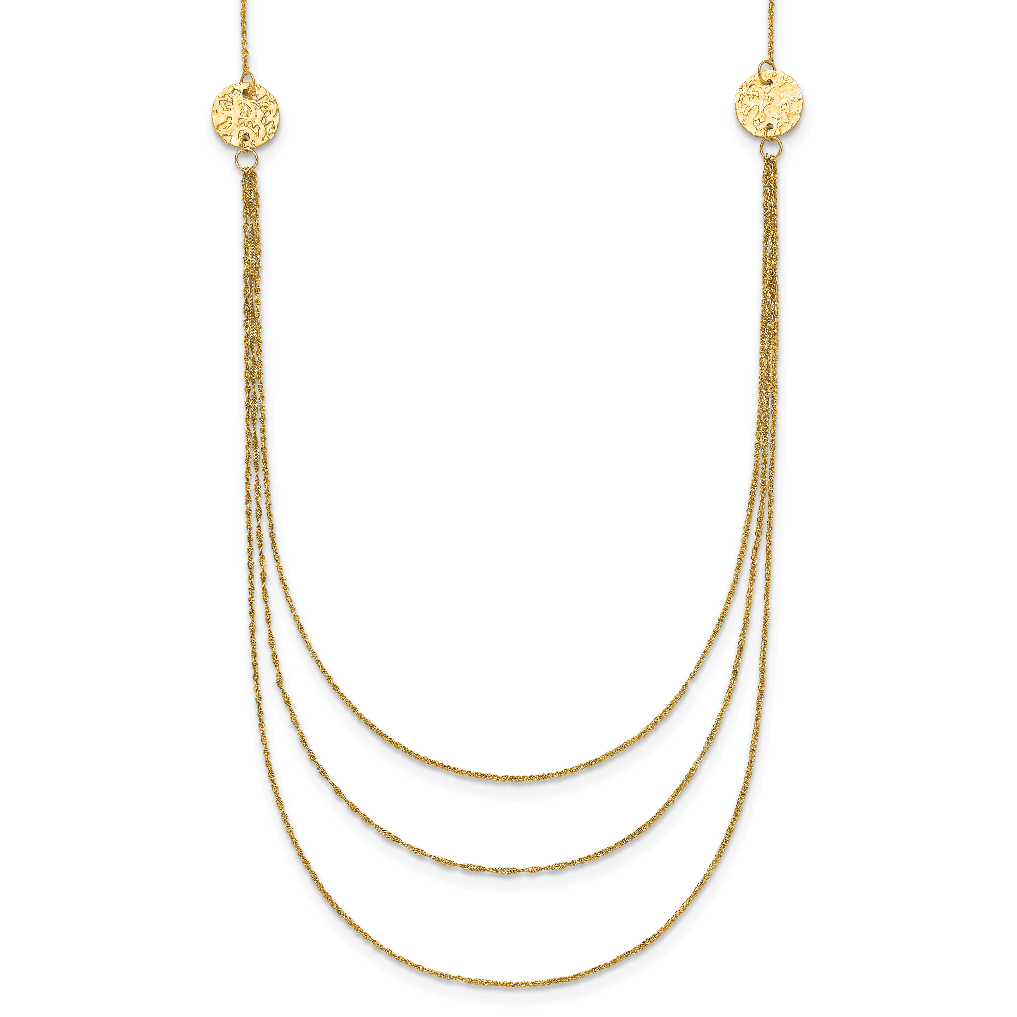 14K 3-Layer Ropa Chain Bib with Textured Side Circles 16 inch Necklace Plus 2 inch Extender (SF2013-16)