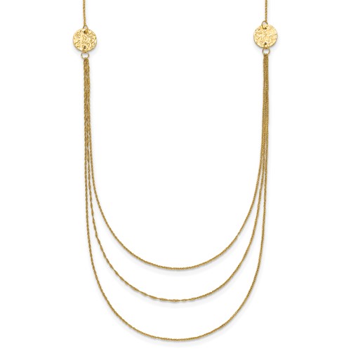 14K Yellow Gold 3-Layer Ropa Chain Bib with Textured Side Circles Necklace Plus 2 Inch Extender, 16"