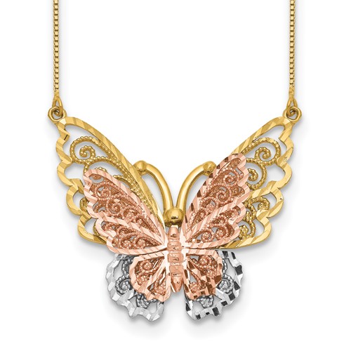 14K Yellow and Rose Gold Necklace with White Rhodium Large Filigree Butterfly, 18"