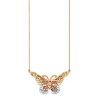 14K Yellow and Rose Gold Necklace with White Rhodium Large Filigree Butterfly, 17" view 2