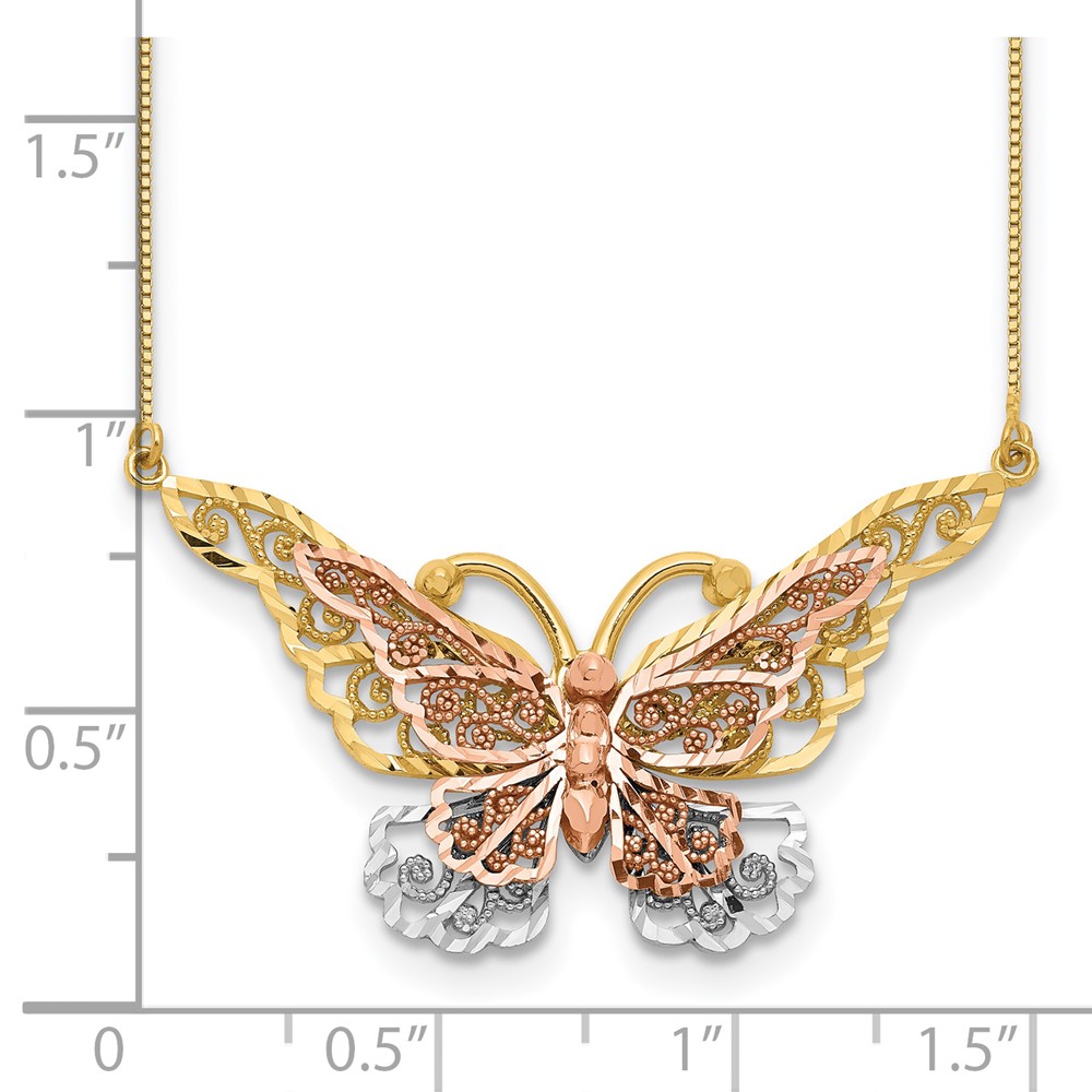 14k Yellow and Rose Gold with White Rhodium Large Filigree Butterfly 17 inch Necklace (SF2042-17)
