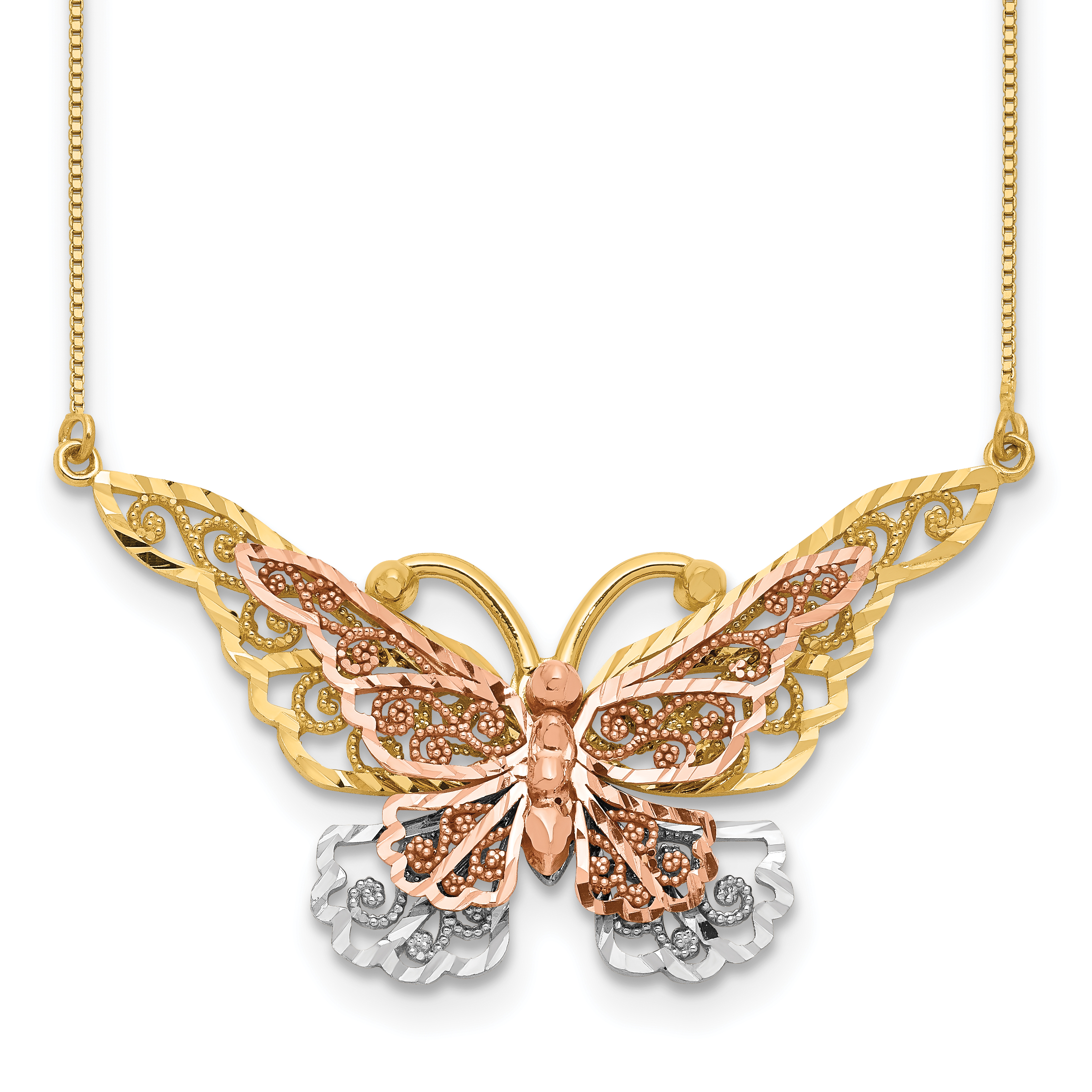 14k Yellow and Rose Gold with White Rhodium Large Filigree Butterfly 17 inch Necklace (SF2042-17)